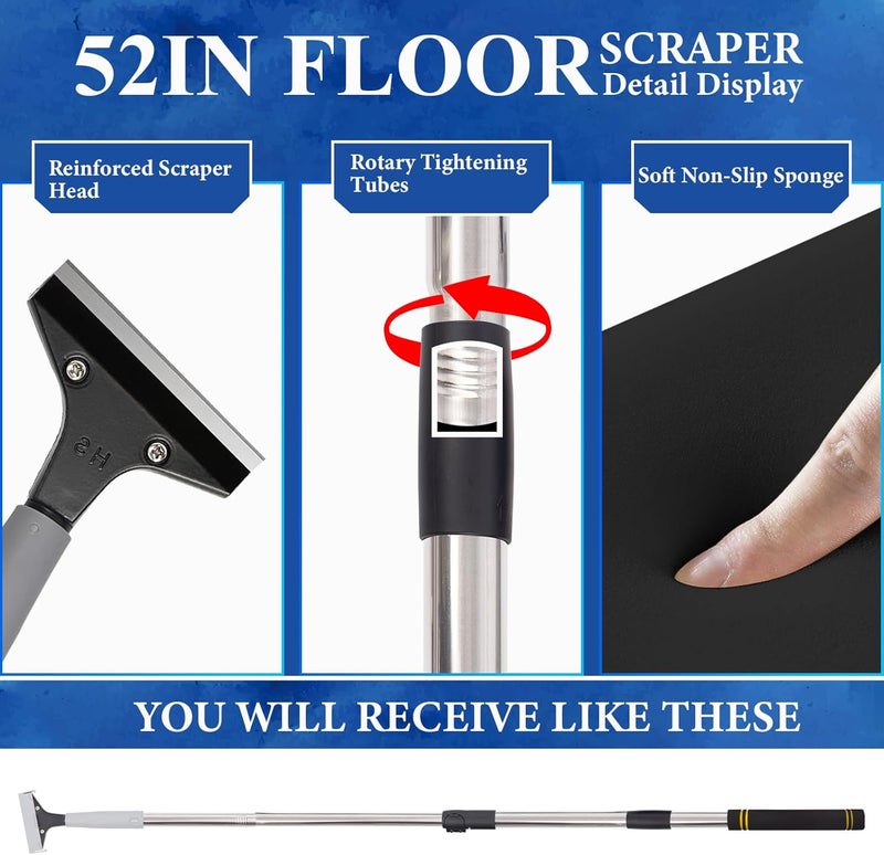 Frebuta 4"Razor Blade Floor Scraper with Long Handle,61in Adjustable Floor Scraper Heavy Duty with 10PCS Extra Metal Blades Paint Scraper for Cleaning Stickers Gum Glass Wall Tile (Retractable 52in) - Image 3